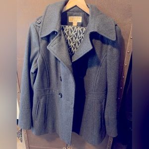 MICHAEL KORS Women Double Breasted Wool Blend Lined Gray Pea Coat Large